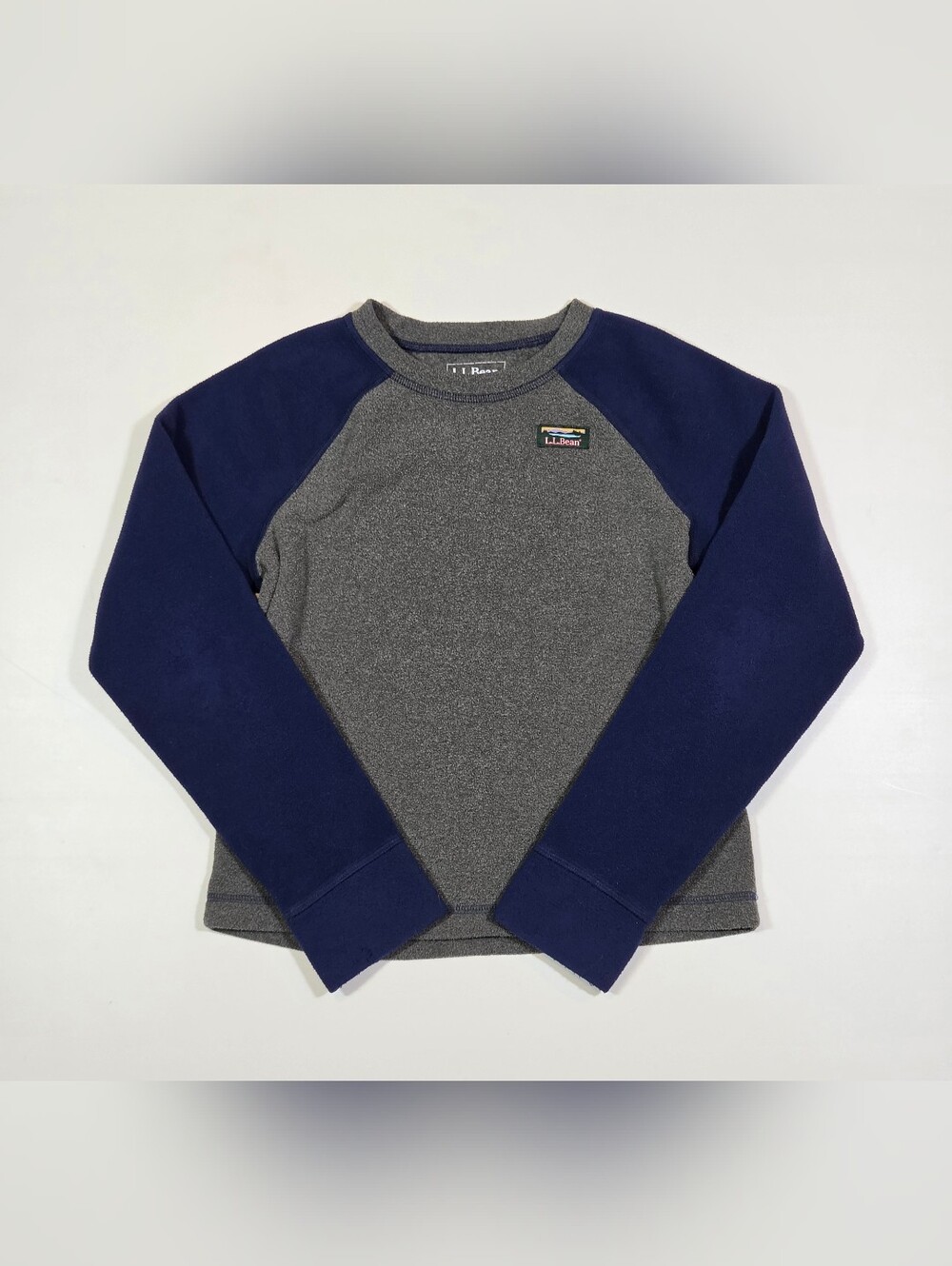 LL Bean Kids Long Sleeve Crew Neck Pullover Fleece Top Navy Blue Grey Kids S 8